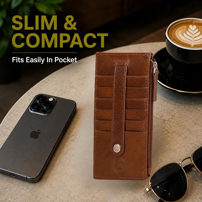 Leatherboss Genuine Leather Women's All in One Credit Business Card Case Holder Slim Zipper Wallet With a Card Protection Strap, Metallic Bronze
