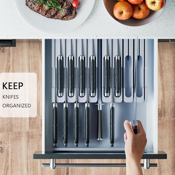 Domax Bamboo In-drawer Knife Block - Kitchen Knife Drawer Organizer Insert, Knife Holder without Knives Large, Drawer Knife Organizer Fits for 16 knives and 1 Sharpening Steel (Not Included), Gray