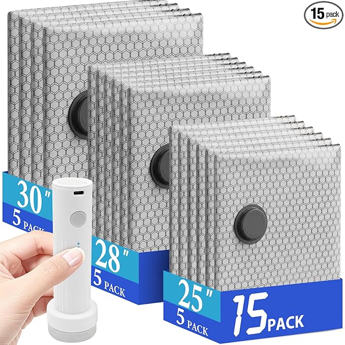Vacuum Seal Bags for Clothing Travel with Rechargeable Air Pump, Carry-on Size Vacuum Bags for Travel, Space Saver for Clothes 15 Combo Size