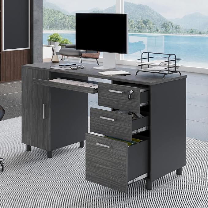 Modern Designs Venice Computer Desk with Lockable Drawers, 53 Inch Home Office Desk with Storage Cabinet, Keyboard Tray & Cable Management, Modern Study Writing Desk for Small Spaces, Black and Grey