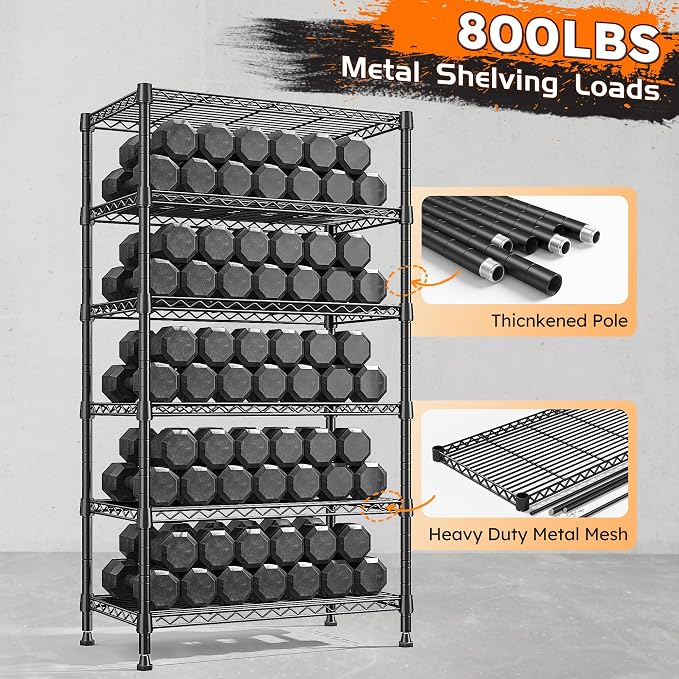 REIBII 6-Tier Metal Shelving Unit Storage Shelves, Sturdy Wire Shelving Adjustable Deep Pantry Shelves Load 800LBS Storage Rack for Kitchen Pantry Closet, Keep Organized, 2 Pack