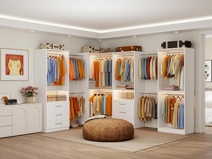 Closet System with 6 Wooden Drawers, 4.5-21.6FT L-Shaped Corner Closet organizer System with 10 Expandable Hanging Rods & 2 Shelves, Modular Closet System for Walk in Closet, 2800+ Lbs, 4 Sets