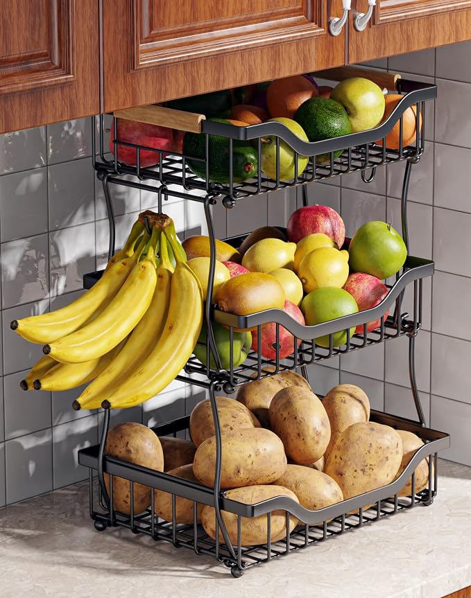 OKZEST 3-Tier Fruit Basket Fits Under Standard Upper Cabinet, 17.2" Tall | 2-In-1 Wall Mount & Countertop. Stackable Kitchen Organizer with Banana Hanger, Hold Potato, Onion, Bread, Snack, Can, Veggie