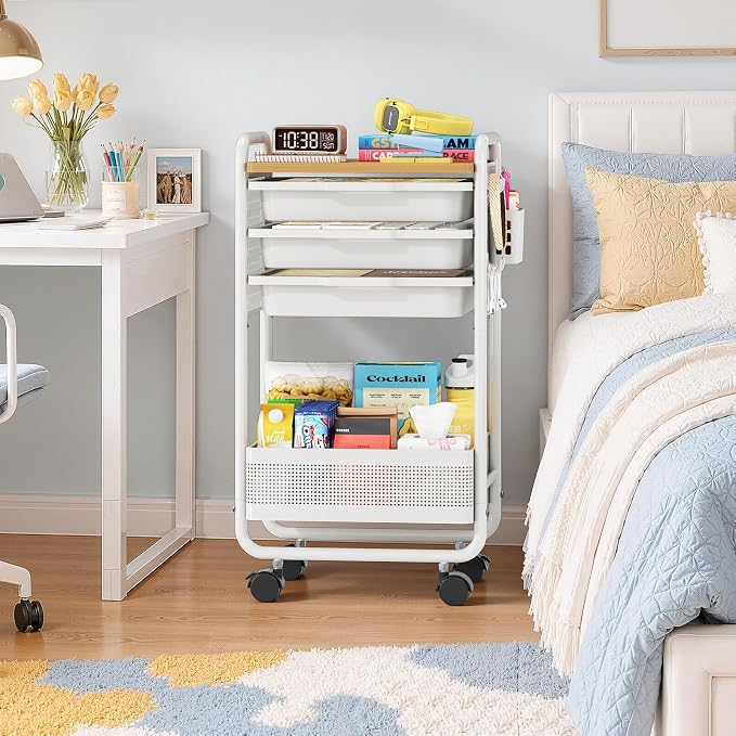 Metal Rolling Storage Cart with 3 Drawers - Utility Cart on Wheels with Pegboard & Wood Tabletop, Multifunctional Trolley Organizer with Hooks & Bin for Living Room,Bedroom,Craft Room,Office,Kids Room
