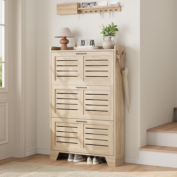 Garvee Shoe Storage Cabinet with 3 Flip Drawers, Freestanding Shoe Organizer Storage for Entryway with 2 Side Hooks, Farmhouse Hidden Slim Narrow Shoe Rack Cabinet, Natural Oak
