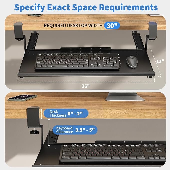 Keyboard Tray Under Desk - Full Metal Slide Out Holder, Rust-Resistant & Scratch-Proof, 26x13" Tray, Double C-Clamps for L Shape/Regular Desks, Standing/Sitting Workstation(Black-A)