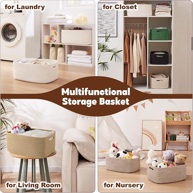 OIAHOMY Storage Basket for Shelves, Closet Cube Storage Bins Baskets for Clothes Blanket Towels, Baby Nursery, Toy Baskets Box, Woven Rope Basket, 17.72 * 12.99 * 7.87 IN, 2 Packs Brown