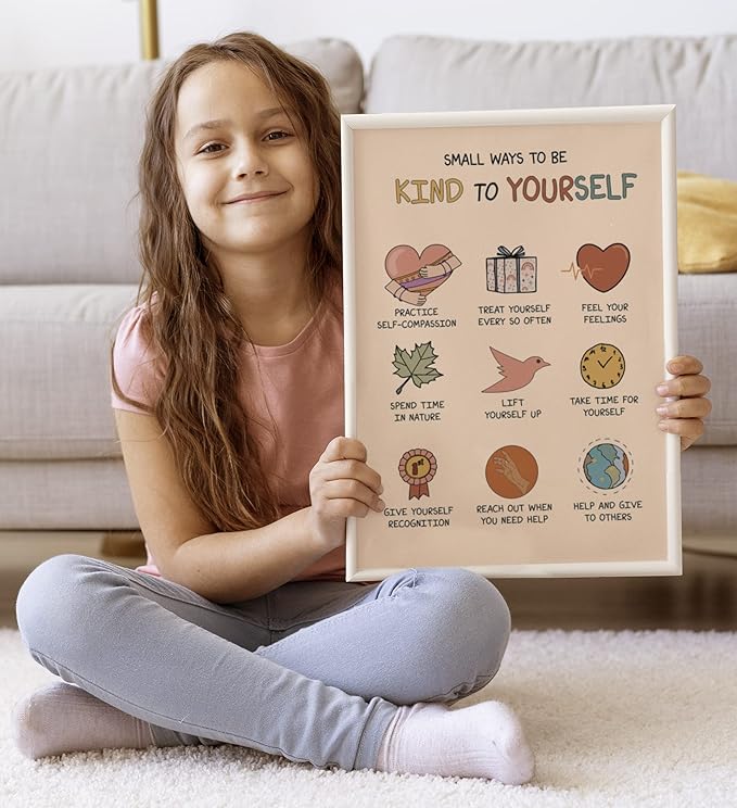 LOLUIS Mental Health Poster, Boho Therapy Tools Educational Supplies Art Print Classroom School Office Decor (Be Kind To Yourself, Custom Frame Type)