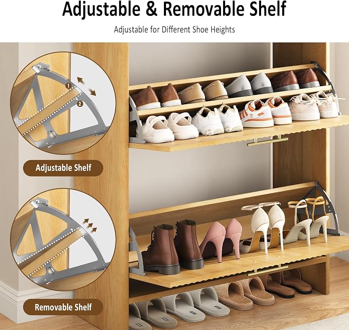 Fluted Shoe Storage Cabinet for Entryway, Narrow Wooden Shoe Cabinet with 2 Flip Drawers & Pull-Out Drawer, Modern Freestanding Slim Shoe Organizer Rack for Foyer/Hallway/Living Room, Oak