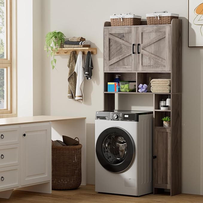 Homhedy Wooden Over The Toilet Storage Cabinet with Barn Door | Freestanding Bathroom Storage, Toilet Paper Holder, Adjustable Shelf,Space-Saving, Farmhouse Style, Greige