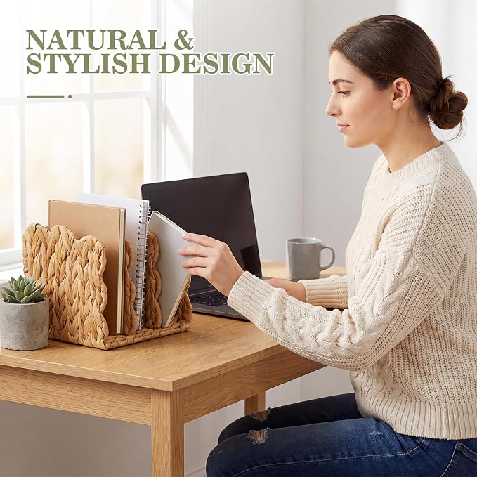 Novabright Scalloped Water Hyacinth Magazine Holder, Wicker Rattan File Organizer, 3 Vertical Compartments Desktop Paper Sorter for Binders, Notebooks, Envelopes, Woven Boho Office Desk Organizer