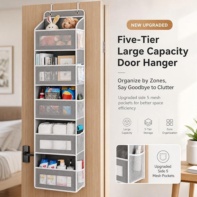 FUSHITON Over The Door Organizer with Anti-Tilt Design, 5 Shelf Hanging Grey Storage Rack Holds 44lb, Large Capacity Pockets for Bedroom Bathroom Pantry Nursery