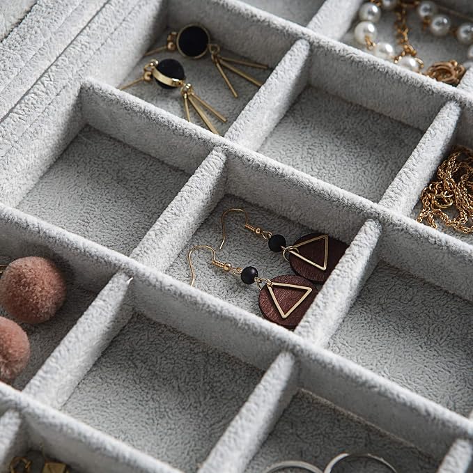 Frebeauty Velvet Jewelry Tray,35 Grid Jewelry Organizer with Clear Lid,Earring Holder Organizer Case with Clasp,Drawer Insert for Rings Studs,13.8 x 9.5 x 2 Inches,Gift for Women Girls(Grey) | Drawer Jewelry Organizer for Rings Studs Beads,Adjustable D...