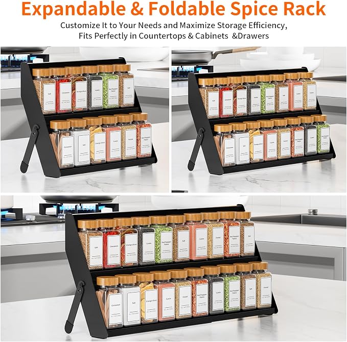 Spice Rack Organizer for Cabinet, 12.8 to 21.8in Expandable Spice Rack, Metal 2 in 1 Spice Drawer Organizer Spice Shelf for Kitchen Countertop Cabinet Drawer, Fits Jars ≤2.1in(Jars Not Included)