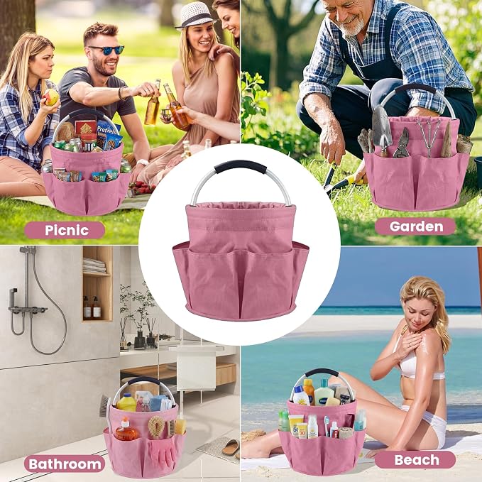 Cleaning Caddy with Handle, 17L Cleaning Supplies Organizer, Pink | 600D Oxford Fabric Storage Basket with 6 Pockets, Multifunctional Bucket Bag for Picnics, Camping, Gardening, Bathing