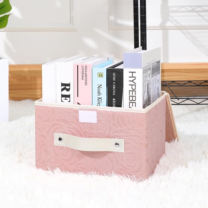 ANMINY Fabric Storage Bin with Lid Rose Print Storage Box Basket with PU Leather Handles Washable PP Plastic Board Decorative Foldable Lidded Shelf Cubes Closet Organizer Container - Pink, Small Size