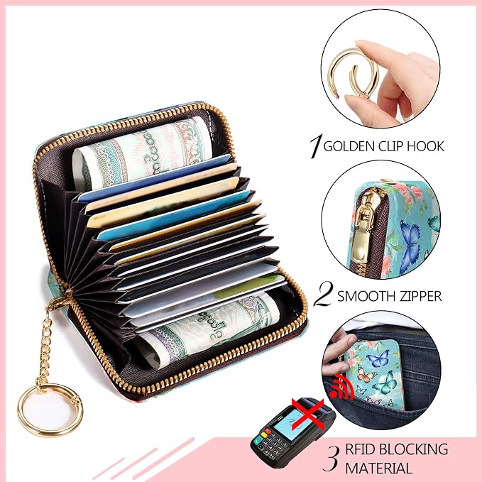 Blusabaca RFID Credit Card Holder Small Women Travel Wallet, Butterfly | Removable Keychain, Case with Zipper, Vegan PU Leather, Cash Coin Pocket, Business Accordion Purse, Ladies Female Gift