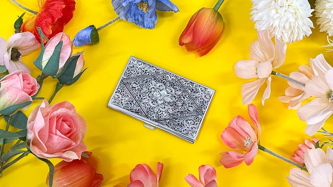 Mother of Pearl Business Card Case Credit Id Name Holder Travel Wallet Art Painting Design Metal Stainless Steel Engraved Slim Purse Pocket Cash Money Wallet (Diamond Arabesque)