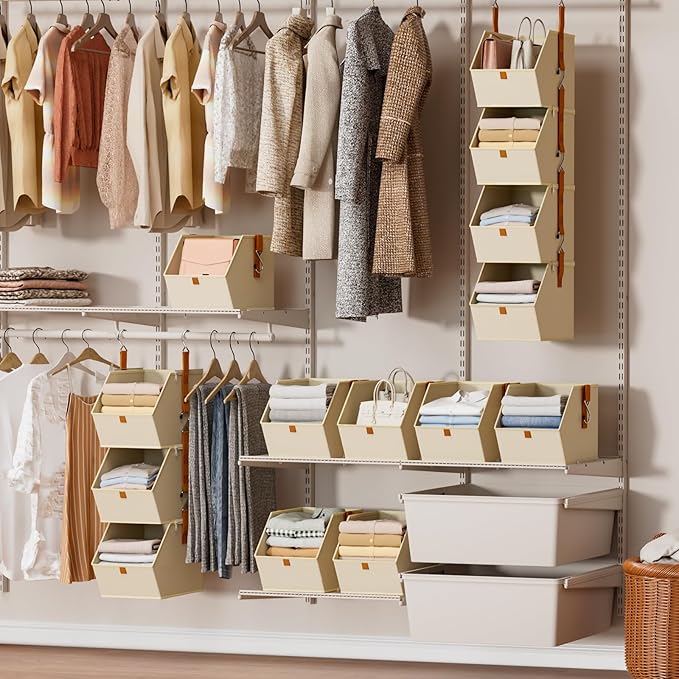 Homsorout Hanging Closet Organizer 4 Tier - Clothes Hanging Shelves, Space-Saving Closet System, Fabric Storage Bins Bedroom Organization, Collapsible Baskets for Home, Dorm, Rv, Beige, 8 Pack