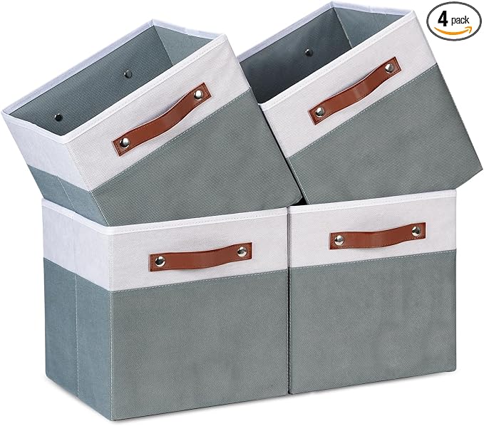 Temary 11x11 Storage Cubes Fabric Cube Storage Bins with Handles Clothes Storage Boxes Baskets for Organizing Home, Shelf, Closet (White&Grey, 11 x 11 x 11)