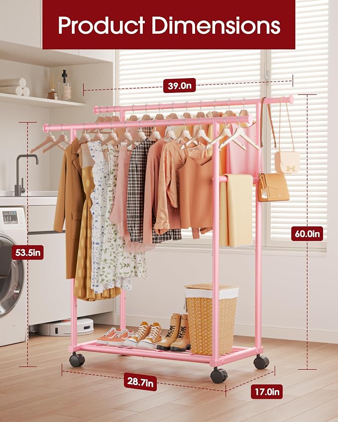 Sakugi Double Rods Clothes Rack - Metal Clothing Rack with Fixed Double Rods, Rolling Wheels & Built-In Shelf for Closet, Bedroom, Laundry Storage (39" x 17" x 60", Pink)