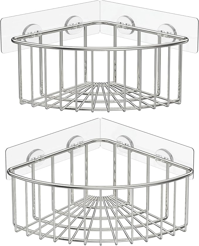 SMARTAKE 2-Pack Corner Shower Caddy Deep Basket Design, SUS304 Stainless Steel, Wall Mounted Bathroom Shelf with Adhesive, Storage Organizer for Toilet, Dorm and Kitchen (Silver)