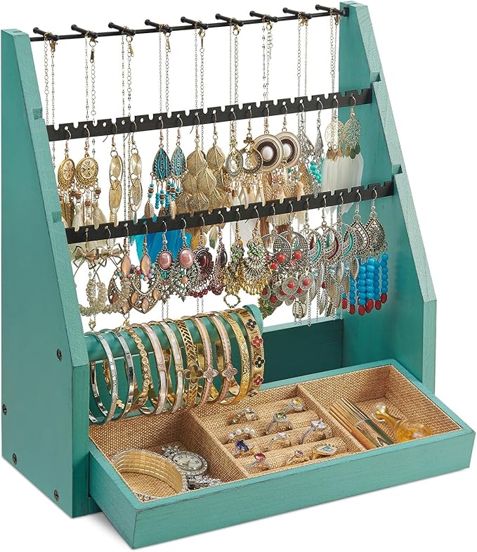 DGWJSU Jewelry Organizer Stand, 5 Layer Earring Holder Organizer with Necklace Holder, Rustic Wood Earring Organizer Display for Stud Earring Bracelet Necklace Ring, Watches