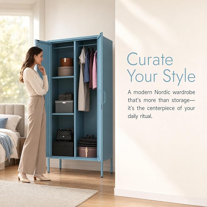Lockable Metal Wardrobe Closet with Hanging Rod and 3 Adjustable Shelves,67" Metal Storage Cabinet with 2 Doors,Steel Armoire Wardrobe Closet for Bedroom Living Room Cloak Room (Blue)