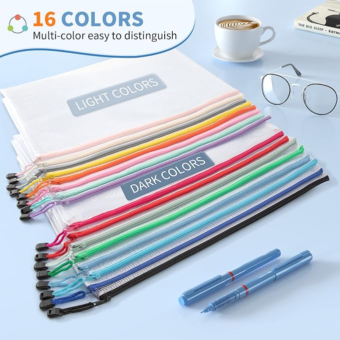 Umriox 32PCS Mesh Zipper Pouch, Zipper Bags for Organizing, A4, Letter Size, Storage Bags for Board Game, Puzzles, School Office Supplies | 16 Colors (2 Per Color), Waterproof Clear PVC Zipper Bags for Classroom Supplies, Puzzles, Receipts and Office S...