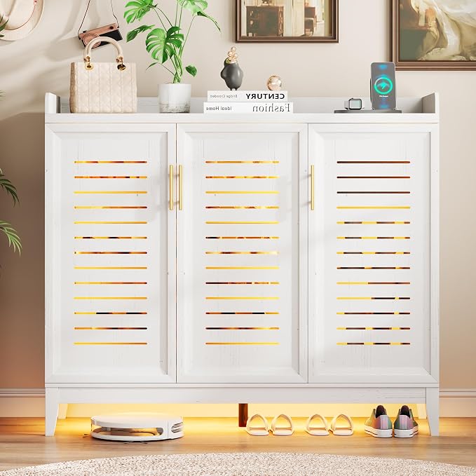 Vlsrka Shoe Storage Cabinet with Shutter Doors and Adjustable Shelves | 6 Tier Wooden Shoe Organizer, Large Capacity, Human Sensor Lighting, 180° Rotating, for Entryway, Hallway, Living Room, White
