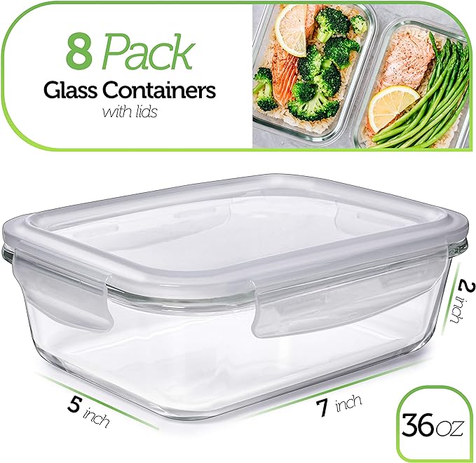 PrepNaturals 8 Pack 36 Oz Glass Meal Prep Containers - Dishwasher Microwave Freezer Oven Safe - Glass Storage Containers with Lids (Multi-Compartment) | Square Borosilicate Glass Meal Prep Containers - Airtight Leak-Resistant Lids, Microwave, Oven & Fr...