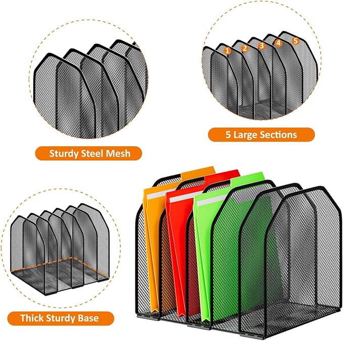 FUCDTEFC Desk File Organizer, Adjustable 5 Sections Upright Desktop Organizer File Sorter, Sturdy Metal Mesh Vertical Bookshelf File Holder Workspace Accessories for Home,School,Office Classroom,Black