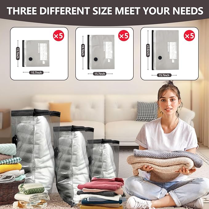 Vacuum Seal Bags for Clothing - 15 Pack Vacuum Storage Bags With Electric Pump, Space Saver Bags for Luggage, Blankets - Press & Pump Compression Bags for Travel Essentials