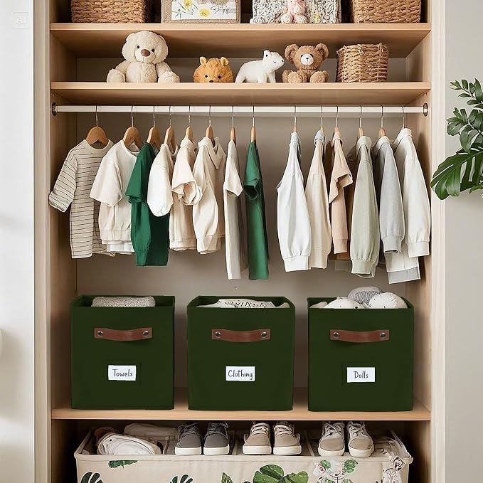 DECOMOMO Storage Cubes, 13x13x13 Storage Cube Bins with Labels, Fabric Organizer Bins (13" / 6pcs, Olive Green)