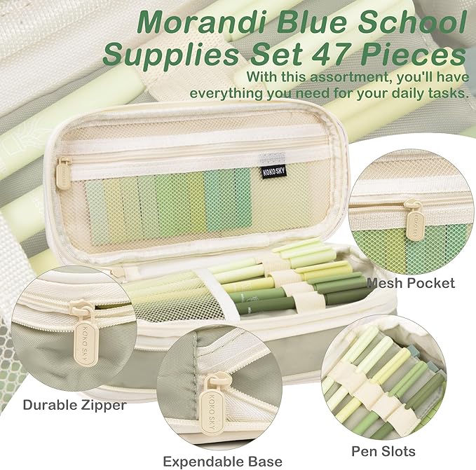 ChezAbbey 47Pcs Aesthetic School Supplies with Pencil Pouch - Cute College Essentials Set, Big Capacity Pen Case, Pastel Highlighters, Bible Study Journaling Stationary Kit (Green)