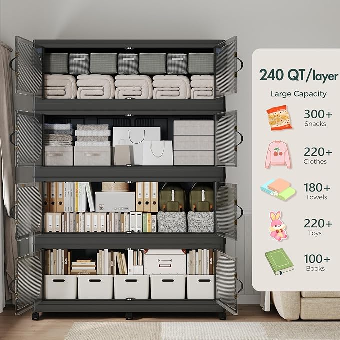 720QT Extra Large Stackable Storage Bins with Lid & Wheels & Doors, 180Gal Foldable Collapsible Closet Organizers, Plastic Cabinet Box Container Drawer for Home Kitchen Bedroom, 3Pack Black