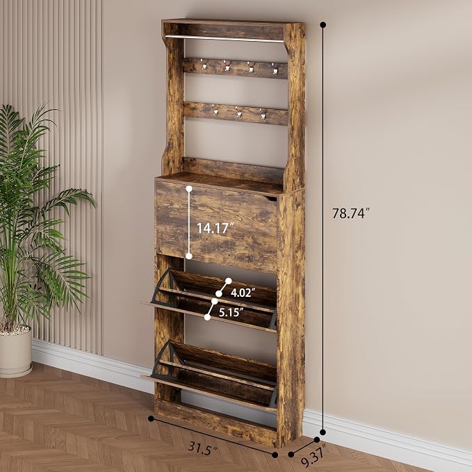 Shoe Storage Cabinet, Wood Shoe Organizer for Entryway with 3 Flip Drawers, Freestanding Shoe Rack with Adjustable Shelf, Narrow Shoe Dresser for Front Door Entrance (Brown, Tall 3 Drawers)