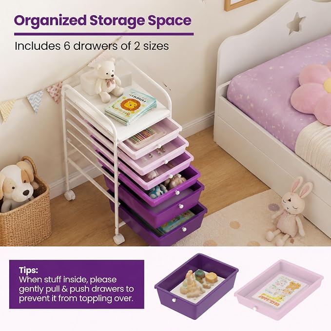 GOFLAME 6-Drawer Rolling Storage Cart, Multifunctional Art Craft Organizer Cart, Mobile Utility Storage Cart with Removable Drawers & Lockable Wheels, Craft Cart for Home Office, Purple Gradient