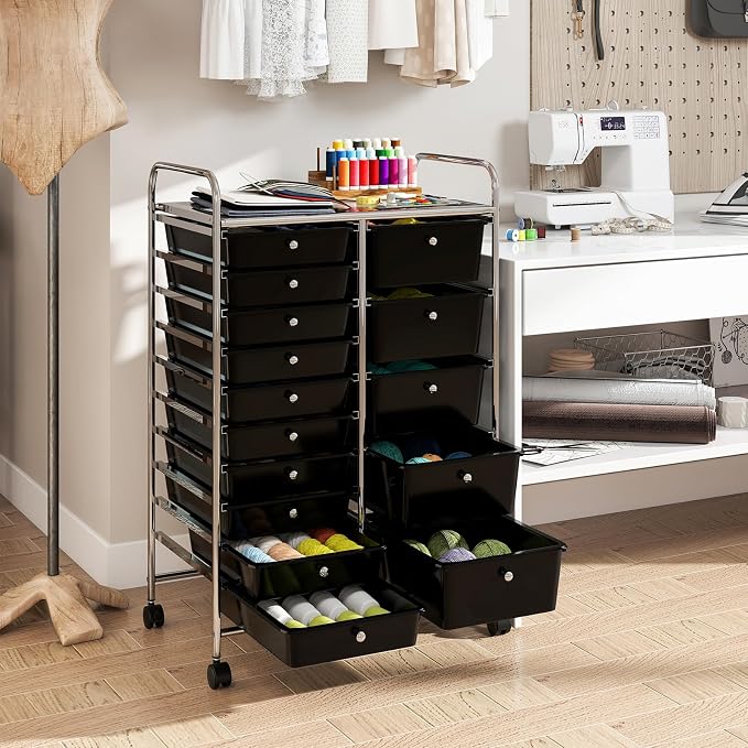 DREAMADE 15-Drawer Rolling Storage Cart, Mobile Craft Cart, Black | Utility Organizer with Lockable Wheels, Removable Plastic Drawers and Metal Frame for Home Office, Classroom and Studio