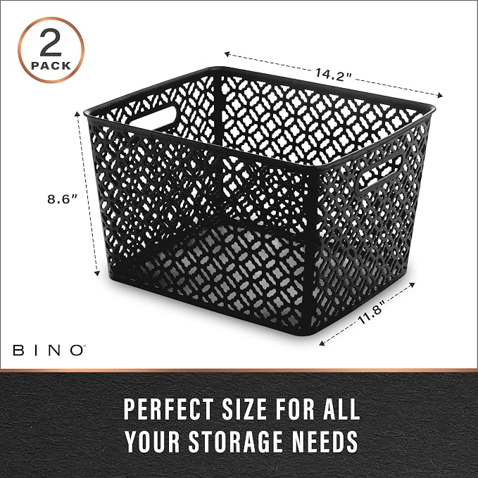 BINO l Plastic Storage Baskets, XLarge - Black | THE BLOSSOM COLLECTION l Multi-Use Organizer Bin l Built-in Handles l Plastic Woven Basket for Organizing l Pantry & Home Organizing Basket