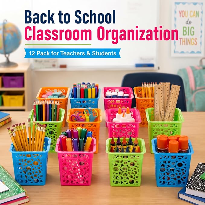 Chinco 12 Pcs Plastic Pencil Holder Cups for Classroom Desk, 4 Colors | 12-pack Plastic Pencil Holder Cups, Classroom Desk Organizer, Teacher Supplies, Markers Crayons Erasers, 4 Bright Colors