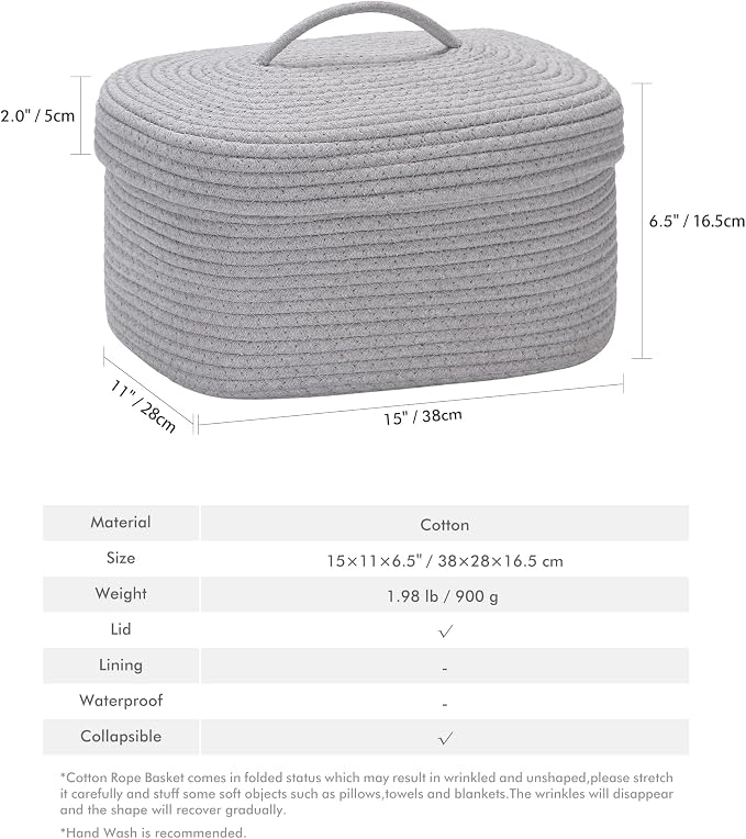Sea Team Oval Cotton Rope Storage Basket with Lid, Lidded Woven Storage Bin, Nursery Storage Container, Diaper Caddy, Baby Shower Basket, Box, Organizer, 15 x 11 x 6.5 Inches (Medium, Grey)