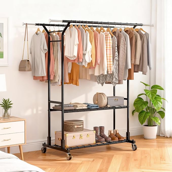 Luxspire Double Rod Clothing Racks for Hanging Clothes Load 650 LBS, Black | Zinc-iron alloy frame, 2-tier sturdy shelves, lockable silent wheels, adjustable extendable rods for bedroom & laundry room