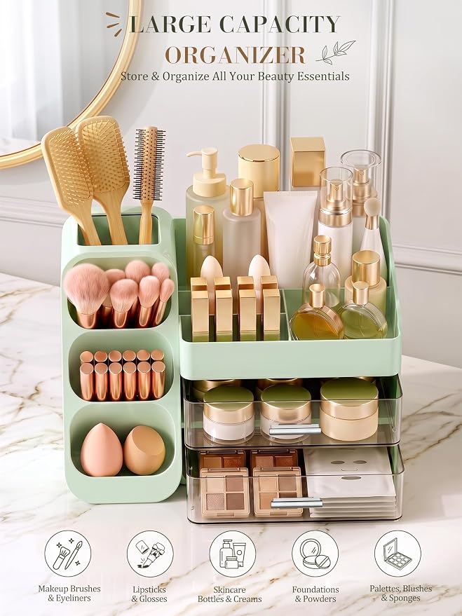 Makeup Organizer with Drawers,Large Capacity Countertop Organizer for Vanity,Bathroom and Bedroom Desk Cosmetics Organizer,Easy To Storage Skincare,Brushes,Lotions (Green)