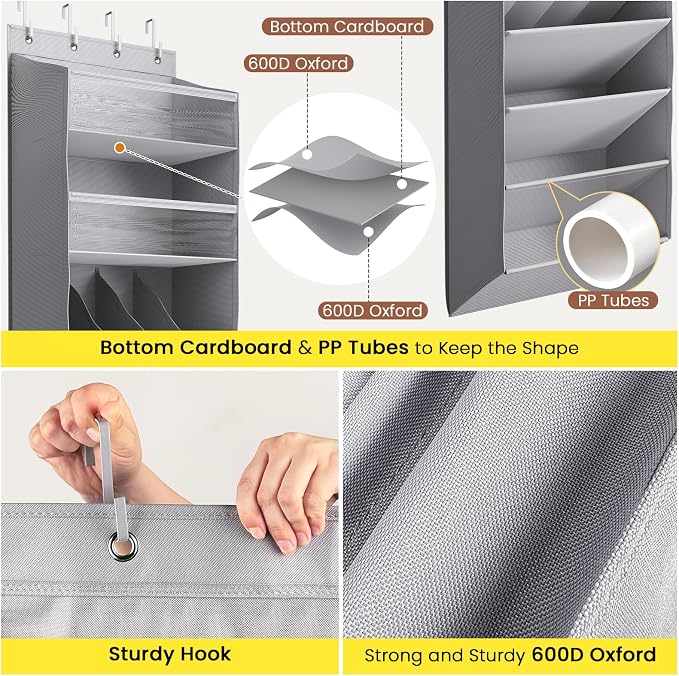 Mefirt 16-20 Pairs Over the Door Shoe Organizer, Clear Pockets Shoe Rack for Closet Door, Hanging Shoe Rack for Boots, Behind the Door Shoe Holder Fit All the Family's Sneakers, Boots, Heels, Grey