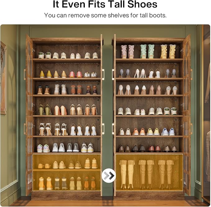Tribesigns Tall Shoe Cabinet with Doors and Led Lights, 8-Tier Wooden Shoe Rack Organizer with Adjustable Shelves, Narrow Shoe Storage Cabinet for Entryway, Hallway, Living Room, Brown
