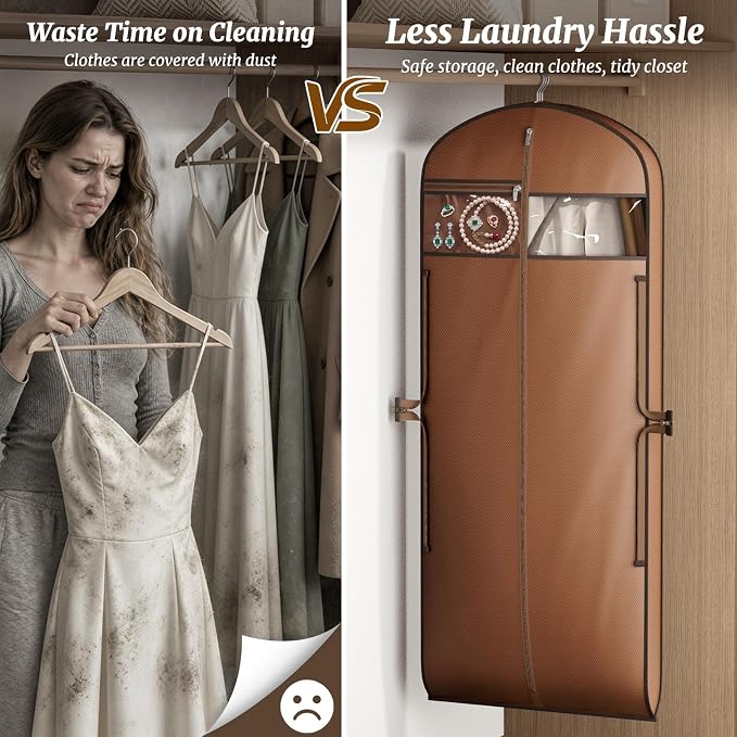 MISSLO 65" Garment Bags for Travel for Women with Loackabe-Self Zipper Waterproof Dress Bags for Gowns Long with Accessories Pockets Wedding Dress Bag Garment Covers for Hanging Clothes, Brown