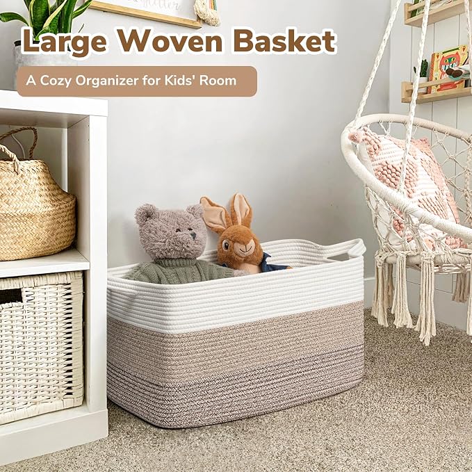 Goodpick Large Woven Storage Basket, 21.6" x 14.9" x 11.8" Rectangle Rope Baskets for Toy Storage, Blanket Basket for Living Room, Bedroom, Light Brown