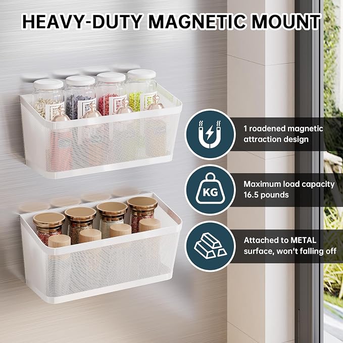 2Pcs Magnetic Spice Rack for Refrigerator, White Magnetic Shelves | Powerful Magnet Hanging Basket Holder, Magnetic Organizer Shelf for Fridge, For Seasonings Fruit Vegetables Coffee Beans