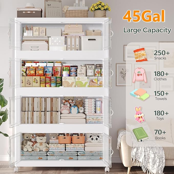 135Gal Stackable Storage Bins with Lid, 540Qt Extra Large Collapsible Storage Box with Doors and Wheels, Plastic Closet Organizer and Storage Cabinet Drawer for Home Kitchen, 3Pack White